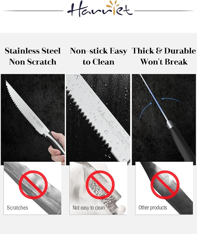harriet Steak Knives Set of 8, 4.5" Steak Knives, Full Tang Premium Stainless Steel Serrated Steak Knives Set with Gift Box, Dinner Knives, Midnight Black Handle