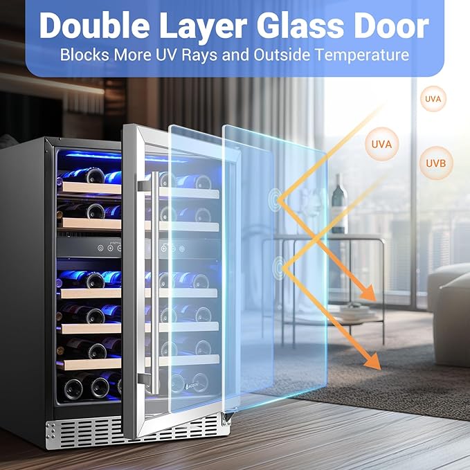 AAOBOSI 24 Inch Wine Fridge, 46 Bottles Wine Cooler with Dual Zone, Freestanding and Built-in Wine Refrigerator with Adjustable Shelves and Safety Lock, Double-Layer Glass Door, LED Light