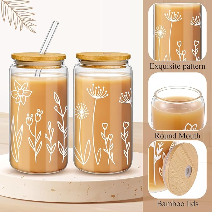 Mumufy Gift for Women Cute Glass Cup Tumbler Flower Iced Coffee Mugs 16 oz Glass with Bamboo Lid & Straw, Mothers Day Birthday Gift for Mom Sister Bridesmaid Baby Shower(2 Pack,Boho Flower)