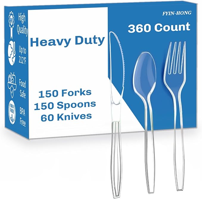 360 Count Heavy Duty Plastic Silverware, Disposable Clear Plastic Utensils Set, 150 Forks, 150 Spoons, 60 Knives, BPA-Free, Heat Resistant; Cutlery Set for Party