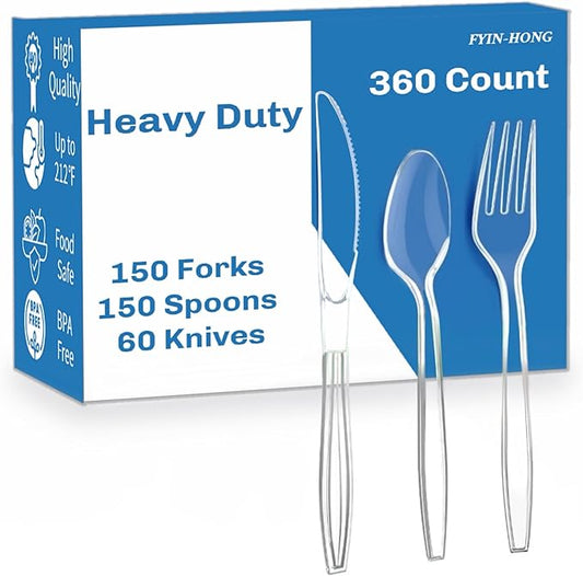 360 Count Heavy Duty Plastic Silverware, Disposable Clear Plastic Utensils Set, 150 Forks, 150 Spoons, 60 Knives, BPA-Free, Heat Resistant; Cutlery Set for Party