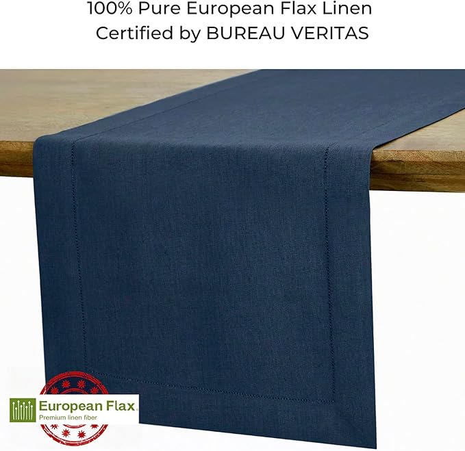 D'Moksha Homes Linen Navy Blue Table Runner 72 Inches Long - 100% Pure Linen Hemstitch Table Runner 14 x 72 Inch for Dresser, Dining, Winter, Holiday, New Year - Classic Hemstitch