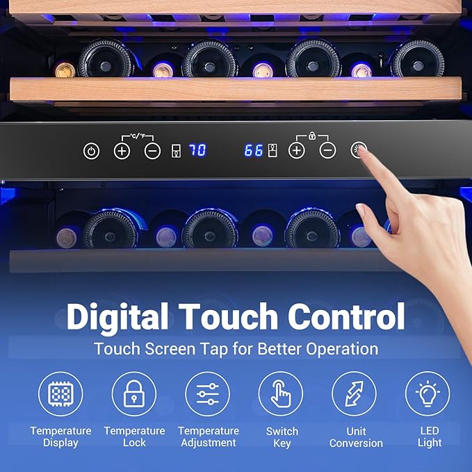 AAOBOSI 24 Inch Wine Fridge, 46 Bottles Wine Cooler with Dual Zone, Freestanding and Built-in Wine Refrigerator with Adjustable Shelves and Safety Lock, Double-Layer Glass Door, LED Light