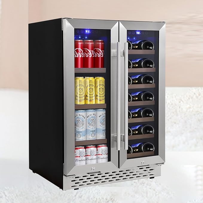 Dual Zone Wine and Beverage Refrigerator, Built-In or Freestanding, 19 Bottle 57 Can Capacity, Adjustable Racks, Quiet Compressor, Double Glass Door, Digital Control, Mini Fridge for Home Bar Kitchen