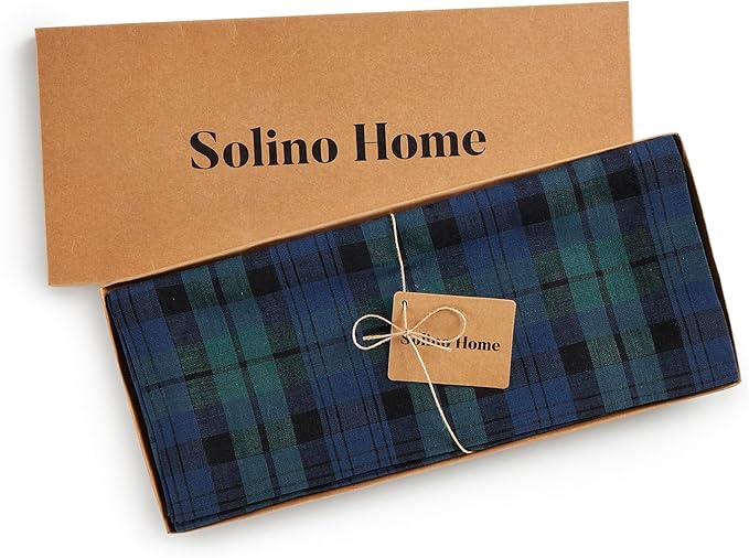 Solino Home Linen Table Runner 36 Inches - 100% Pure Linen Blackwatch Blue and Green Plaid Table Runner 14 x 36 Inch Ideal for Dresser and Coffee Tables - Holiday, Winter, New Year