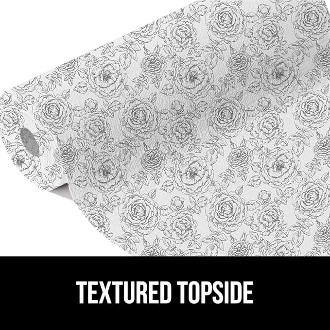 GORILLA GRIP DripGuard Shelf Liner, Non Adhesive Drawer and Kitchen Cabinet Protector, Slip Resistant BPA Free Smooth Surface Plastic Liners for Cabinets, Bathrooms, Closets, 17.5x120 Inch Floral Gray