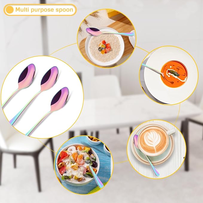 12 Pieces Spoons and Forks Set,Food Grade Stainless Steel Flatware Cutlery Set,6 Forks and 6 Spoons Silverware Set for Home,Kitchen,Restaurant-Mirror Polished & Dishwasher Safe(Rainbow)