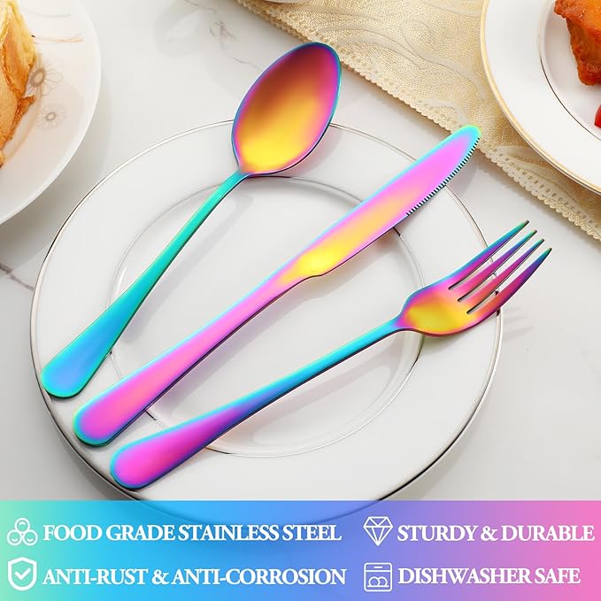 20 Pcs Rainbow Silverware Set Service for 4,Stainless Steel Flatware Serving Sets,Kitchen Tableware Set,Utensil Set for Home and Restaurant,Knives Forks Spoons Set,Mirror Polished,Dishwasher Safe
