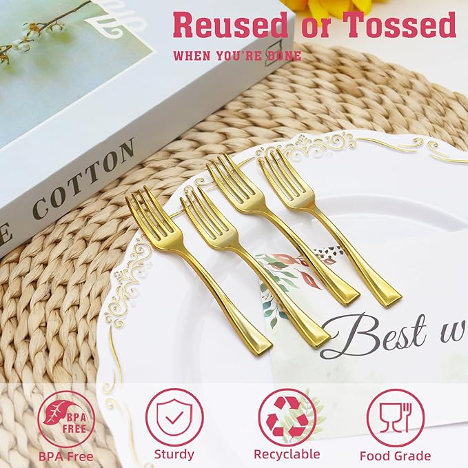 100 PCS Gold Mini Forks Heavy Duty, 4 inch Gold Plastic Fork, Mini Forks for Appetizers, Dessert Fork Disposable, BPA Free, Food Safe, Suitable for All Occasions
