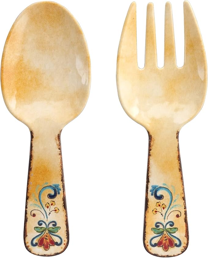 UPware Tuscany Melamine Salad Servers, Serving Utensil Set, Includes Serving Fork and Spoon for Tossing Salad, Pasta, Yellow, 10.75 Inch, Set of 2