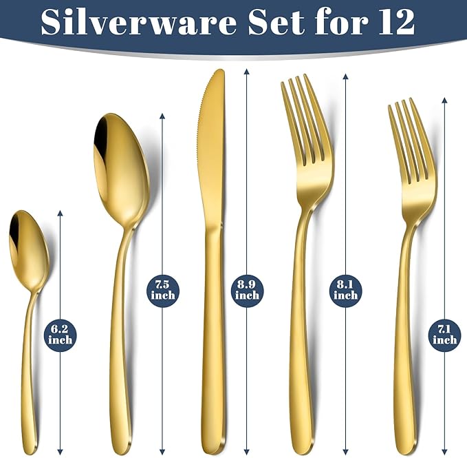 Gold Silverware Set - 60PCS Stainless Steel Silverware Set for 12, Includes Forks Spoons and Knives, Utensil Sets for Home Kitchen Restaurant, Dishwasher Safe