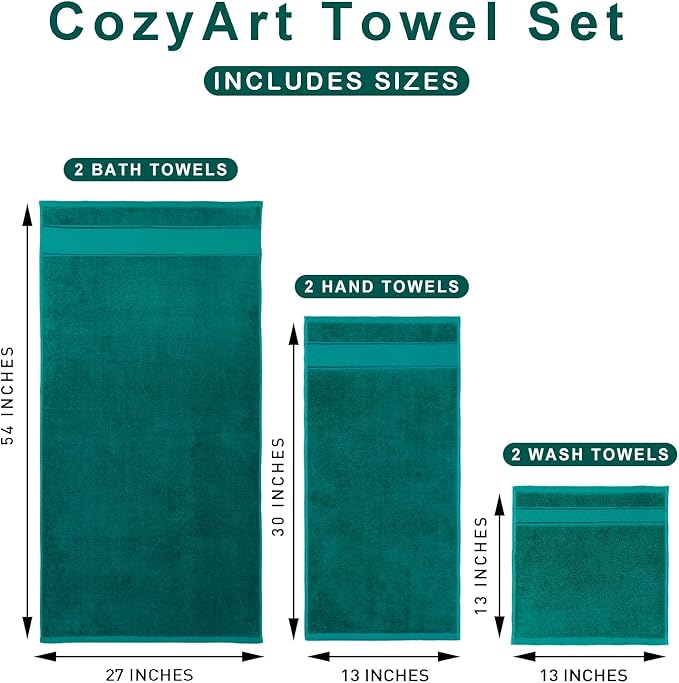 COZYART Turquoise Bath Towels Set 6 Piece, Luxury 100% Turkish Cotton 650GSM Hotel Quality, Soft, Absorbent,Towel Sets for Bathroom | 2 Bath Towels 2 Hand Towels 2 Washcloths