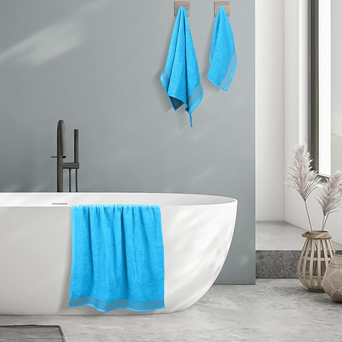 Belizzi Home Ultra Soft 3 Pack Cotton Towel Set, Contains a Bath Towel 28x55 inch, a Hand Towel 16x24 inch & a Wash Coth 12x12 inch, Ideal Everyday use, Compact & Lightweight -Turquoise Blue