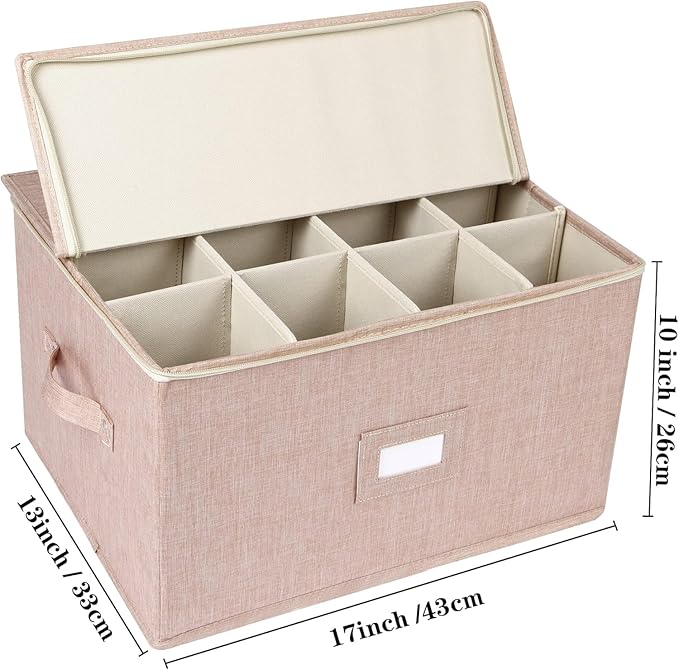 popoly Wine Glass Storage Box 2 Pack, Stemware Storage Containers Cases with Dividers, Stackable Moving Supplies for 24 Wine Glasses, Drinkware, Glassware or Crystal, (Beige)