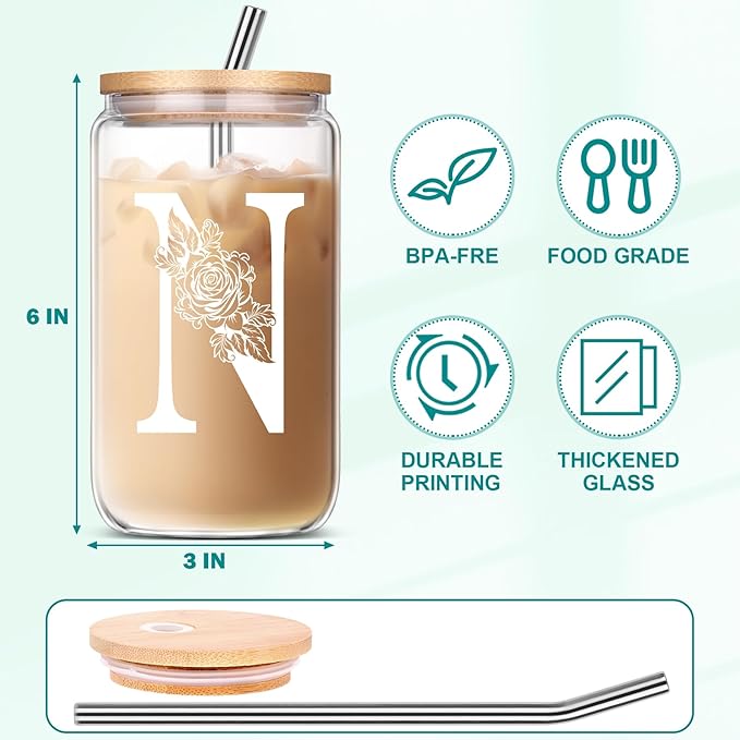 Gifts for Women, Personalized Monogrammed Gifts for Sister Mom Friend Wife, Birthday & Ideas 2024 - Cute Iced Coffee Glass Cups with Lids and Straws