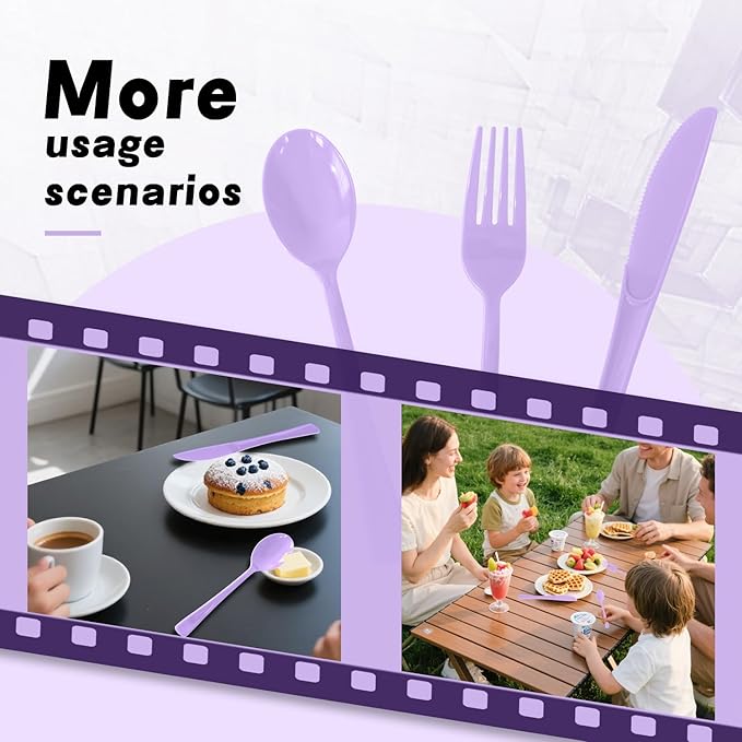 300 Pack Disposable Plastic Silverware, Heavy Duty Lavender Plastic Cutlery Set Includes 100 Forks 100 Knives 100 Spoons for Birthday Wedding Party Picnics (300, Lavender)