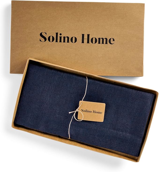 Solino Home Linen Square Tablecloth 52 x 52 Inch - 100% Pure Linen Chambray Navy Table Throw - Athena, Machine Washable Tablecloth for Winter