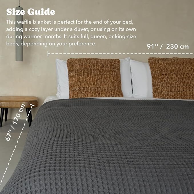 Luxury Organic Japanese Cotton Waffle Towelket Throw Blanket Bedspread for All Sleepers | Soft, Breathable and Thermoregulating (Smoke Grey, 67''x91'')