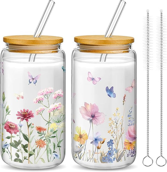 Mumufy Gift for Women Cute Glass Cup Tumbler Flower Iced Coffee Mugs 16 oz Glass with Bamboo Lid & Straw, Mothers Day Birthday Gift for Mom Sister Bridesmaid Baby Shower(2 Pack,Wild Flower2)