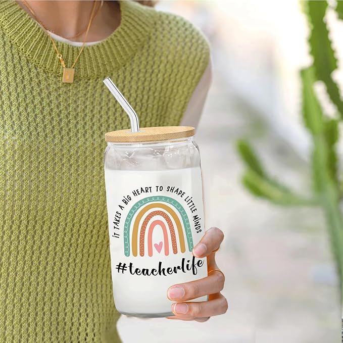 Boho Rainbow Teacher Glass Cup with Lids and Straws 14oz, Kindergarten Teacher Appreciation Gifts, Best Teachers Gifts Glass Iced Coffee Tumbler Drinking Jars with Cleaning Brush