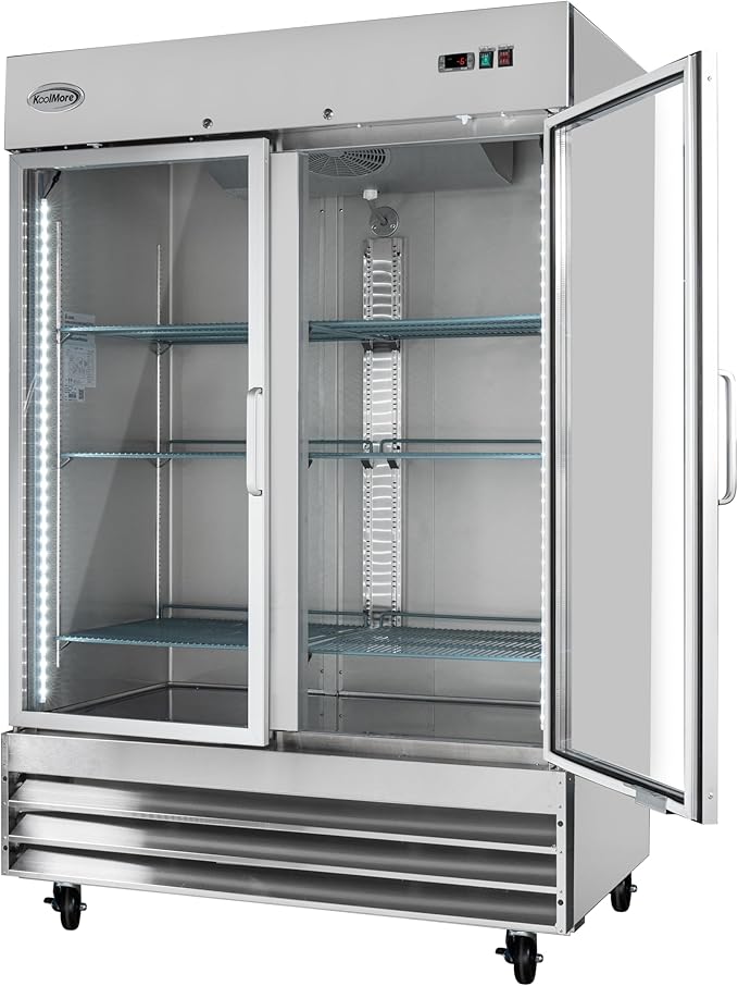 KoolMore Commercial Stainless-Steel Upright Freezer with Reach-In Self-Close Glass Doors, 6 Storage Shelves, Heavy-Duty Caster Wheels, Frost-Free Temperature Control - 47 Cu.Ft [Silver] (RIF-2D-GD)