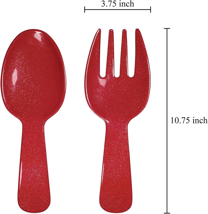 UPware Twinkle Dust Melamine Salad Servers, Serving Utensil Set, Includes Serving Fork and Spoon for Tossing Salad, Pasta, Christmas Decorations, Red, 10.75 Inch, Set of 2