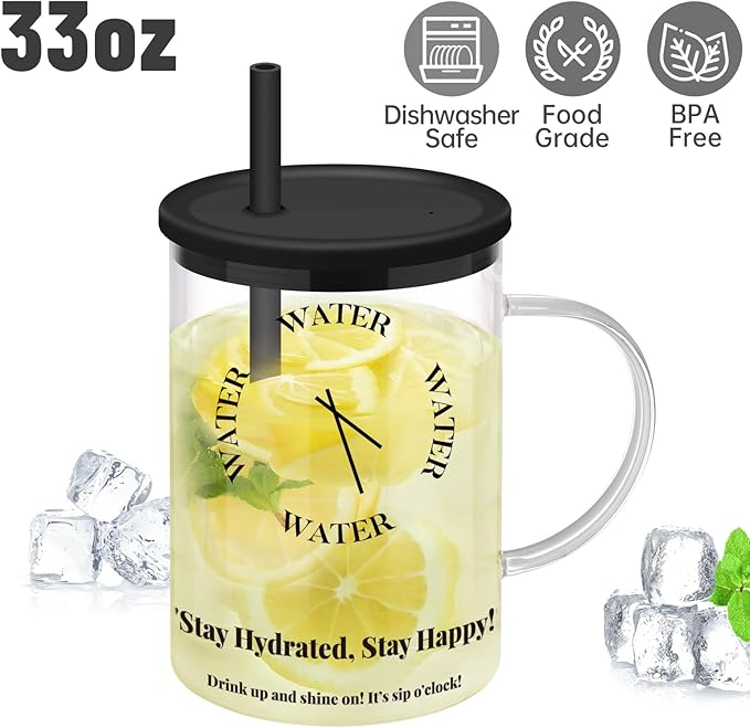 NiHome 33oz Glass Handle Cup with Silicone Lid and Straw for Daily Hydration, Large Capacity for Hot Tea, Iced Coffee, Smoothies, Ergonomic Design with Modern Minimalist Clock Pattern, Dishwasher Safe