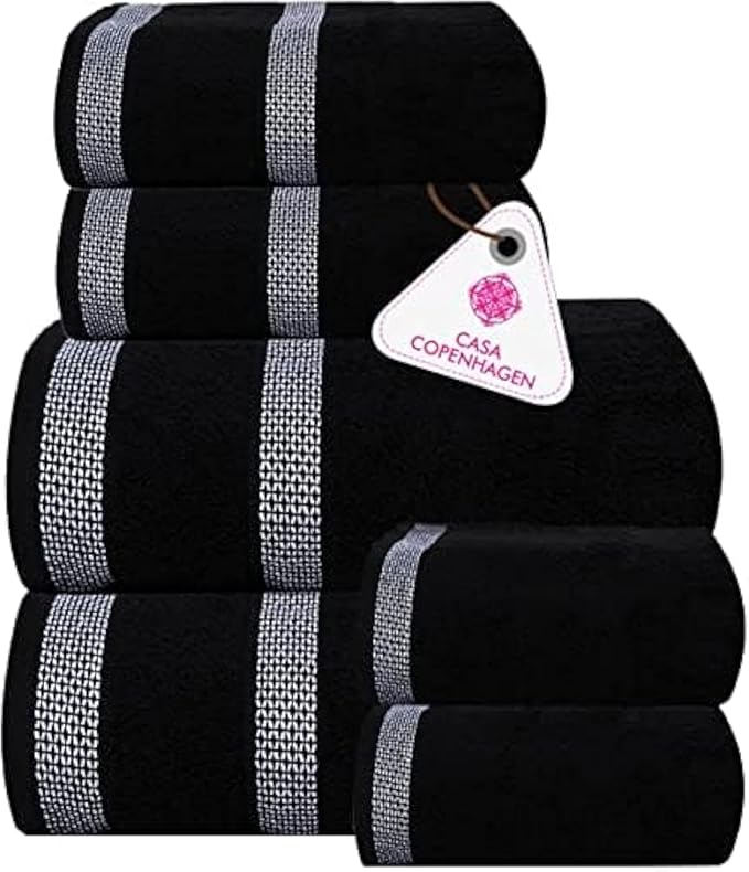 CASA COPENHAGEN Solitaire Designed in Denmark 600 GSM Hotel & Spa Decorative Kitchen & Bathroom Egyptian Cotton 6 Piece Towel Set, Includes 2 Bath Towels 2 Hand Towels 2 Washcloths – Dark Black