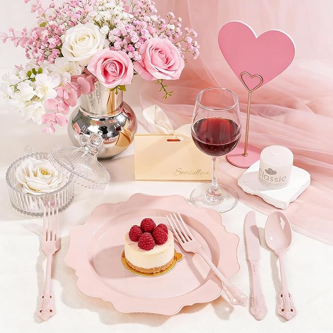 WDF 120 Pieces Heavy Duty Pink Plastic Silverware - Pink Plastic Cutlery Set - Disposable Utensils - Disposable Flatware Includes 40 Forks, 40 Spoons, 40 Knives for Party, Wedding, Valentine's Day