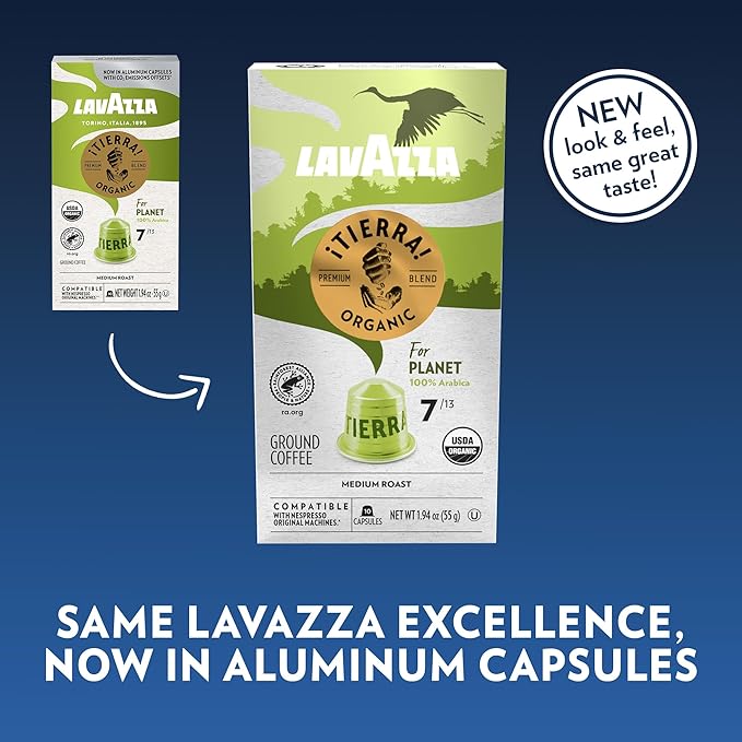 Lavazza ¡Tierra! for Planet Aluminum Capsules Compatible with Nespresso* Original Machines, Medium Espresso Roast, 100% Arabica (60 Capsules)