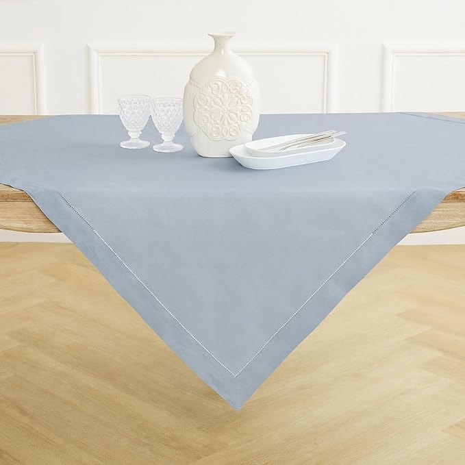 Solino Home Linen Tablecloth 52 x 52 Inch - 100% Pure Linen Dusty Blue Square Tablecloth - Classic Hemstitch, Machine Washable Table Throw for Winter