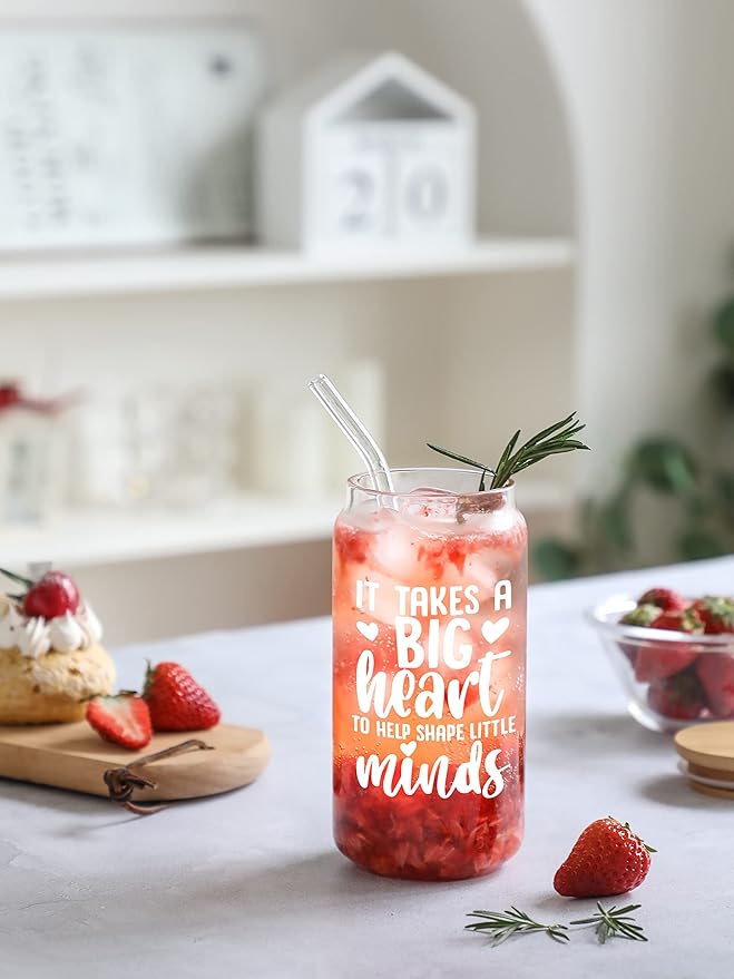 Christmas Teacher Appreciation Gifts, 16oz Glass Cup with Straw and Lid, Thanksgiving Teacher Gifts for Women, Christmas Teachers Appreciation Week, Birthday, Back To School,Retirement