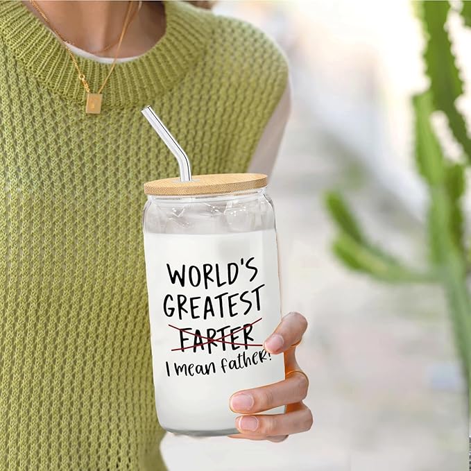 Funny Dad Gifts for Fathers Day Glass Cup with Lids and Straws Cleaning Brush 14oz,Father Dad Birthday Gifts from Daughter Son,World Greatest Farter Glass Coffee Tumbler Drinking Jars