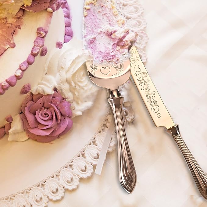 KSENDALO Wedding Cake Knife and Server Set Rose Gold Cake Cutting Set for Wedding, Deluxy SUS304 Stainless Steel Knife and Cake Server Set for Weddings, Birthdays & Anniversary(13.78inch Long)