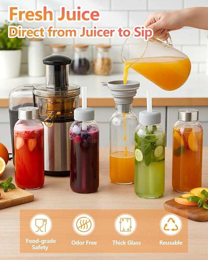 Zukro Glass Water Bottles with Lids & Straw 16 oz, 8 Pack Reusable Juice Bottles With Stainless Steel Cap for Juicing, Leak Proof Clear Smoothie Drinking Jars Beverages Containers, BPA Free