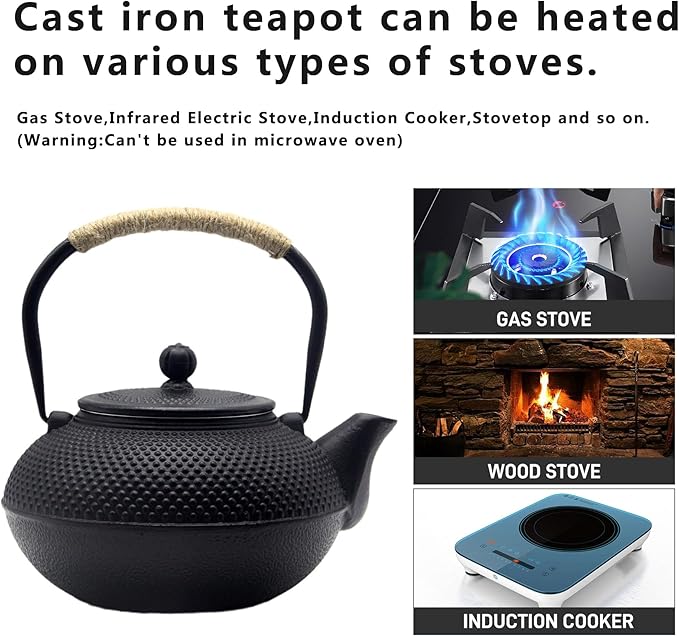 Big Cast Iron Teapot, Japanese Tetsubin Tea Kettle for Stovetop Safe, Cast Iron Teapot with Stainless Steel Infuser for Loose Tea and a Fully Enameled Interior (1500ml Tea Set with Cups)