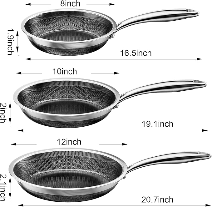 Fogdream 8"10"12" Stainless Steel Pan, Non Stick Frying Skillet, Tri-Ply Stainless Steel for All Cooktops, Dishwasher and Oven-Safe Cooking Pan, Stay-Cool Handle, Silver