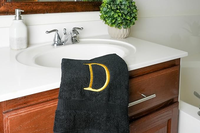 Black Luxury Hand Towel for Bathroom - Monogrammed Initial Hotel Quality Decorative Embroidered Towel for Powder Room, Spa - GOTS Organic Certified - Pack of 2 - Letter D