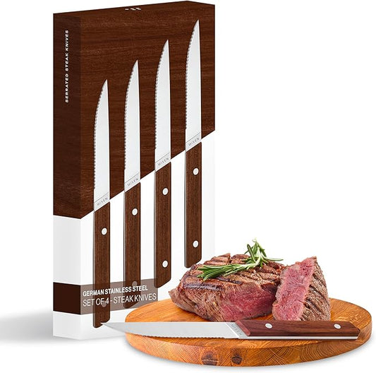 Misen Steak Knives Set of 4 - Precision Serrated Blades for Effortless Dining - German Stainless Steel - Superior Cuts with Four Steak Knives - Comfortable, Sleek Handles - Walnut