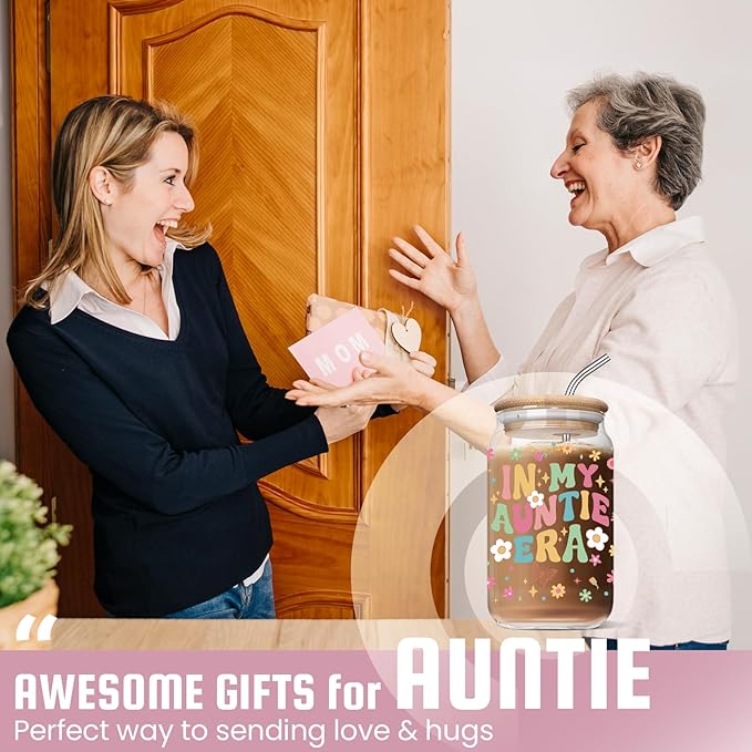 Christmas Day Gifts for Aunt Auntie - Funny Mother’s Day Birthday Gifts from Niece for Auntie New Aunt - 16 Oz Glass Coffee Cup