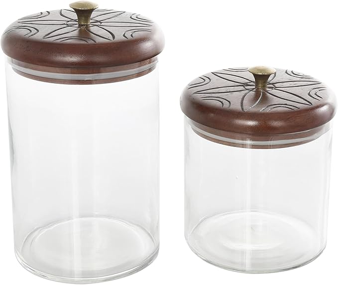 Deco 79 Glass Floral Living Room Decorative Jars Carved Decorative Container with Brown Wooden Lids and Gold Knobs, Set of 2 Jar with Lid 9", 6"H, Clear