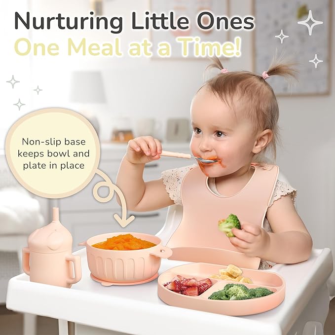 mimi & kiki BPA-Free Silicone Baby Feeding Set, Baby Plates and Bowls Set, Baby Led Weaning Supplies, Silicone Suction Plate, Baby Utensils, Bib and Cup, Self Feeding, Dishwasher Safe (Light Pink)