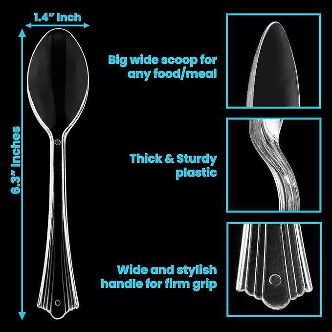 Lonezo [50 Count] Clear Plastic Spoons Clear Spoons Plastic Disposable Eco Friendly Disposable Spoons Shatter Resistant Plastic Spoons Heavy Duty Plastic Cutlery