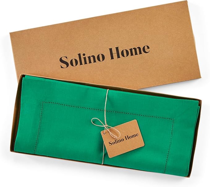 Solino Home Linen Emerald Green Hemstitch Table Runner 60 Inches - 100% Pure Linen Small Table Runner 14 x 60 Inch Ideal for Dresser and Coffee Tables - Classic Hemstitch - New Year