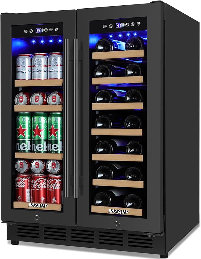 Wine and Beverage Refrigerator 24", Upgraded Dual Zone Wine Beverage Cooler with Glass Door and French Door, Large Capacity Beer Fridge Holds 21 Bottles & 88 Cans, Built-In or Freestanding - Black