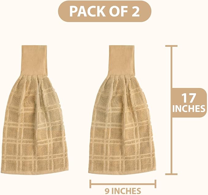 Blue Needles Hanging Kitchen Towels - Beige 100% Cotton Solid Kitchen Tie Towel, Set of 2 Hand Dish Cloth with Hanging Loops 9 x 17 Inches, Absorbent, Super Soft, and Fast Drying Home Essential