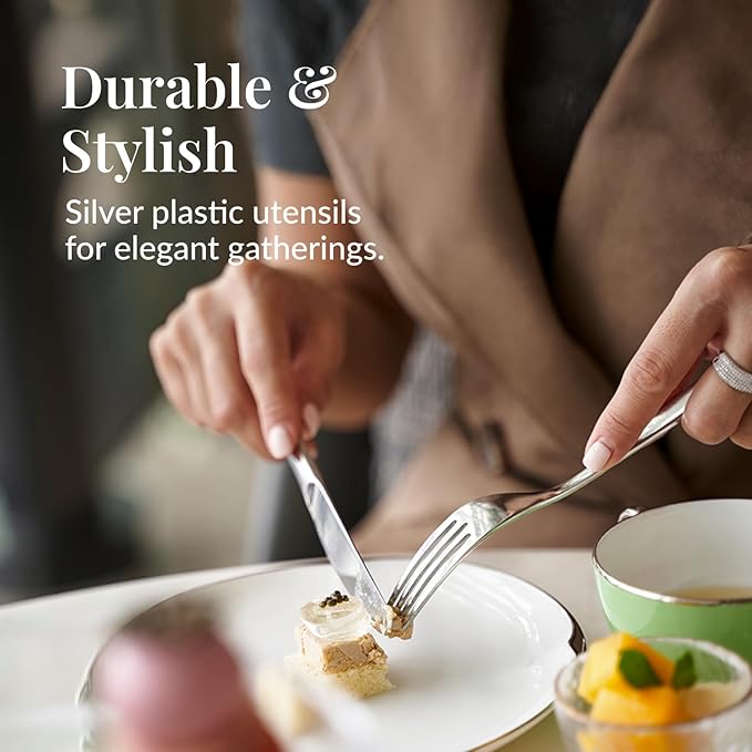 Prestee 300 Piece Heavy Duty Plastic Silverware Set - 100 of Each Silver Plasticware Forks, Spoons, Knives - Flatware Cutlery for Weddings - Durable Disposable Plastic Utensils for Catering, Buffets