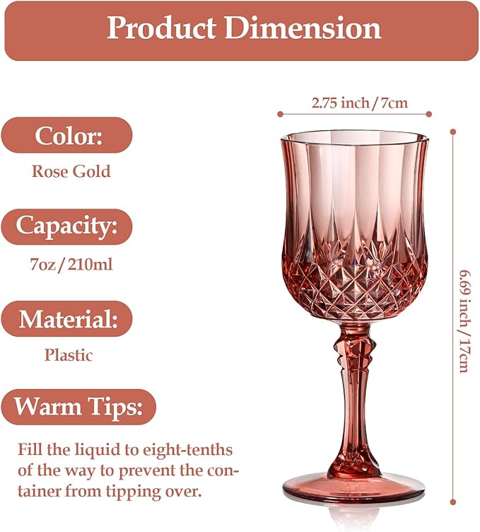 XUWAIDSGN 48 Pcs 7oz Plastic Vintage Wine Glasses Drinking Glasses Unbreakable Wedding Glassware Crystal Water Goblets Reusable Drinkware Vintage Champagne Flutes (48, Rose Gold)