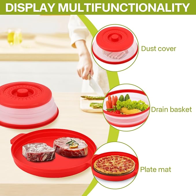 Microwave Splatter Cover for Food with Anti-scald Base Plate,Large Plastic & Silicone Vented Avoid Scalding Collapsible Guard Lid,Kitchen Essential Gadgets for Meal Prep-10.7 Inch (Red)