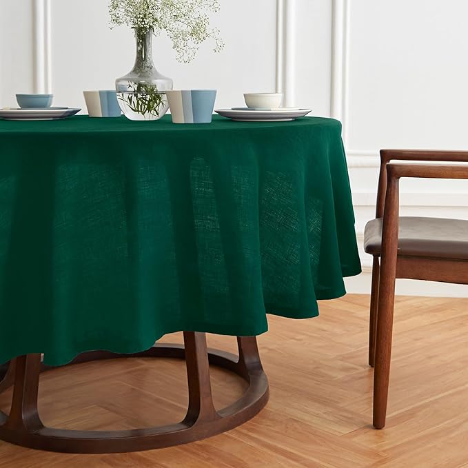 Solino Home Linen 60 Inch Round Tablecloth - 100% Pure Linen Green Round Tablecloth - Machine Washable Table Cloth for Winter, New Year - Sonoma